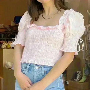 Isalis Francesca Eyelet Smocked Top In Baby Pink